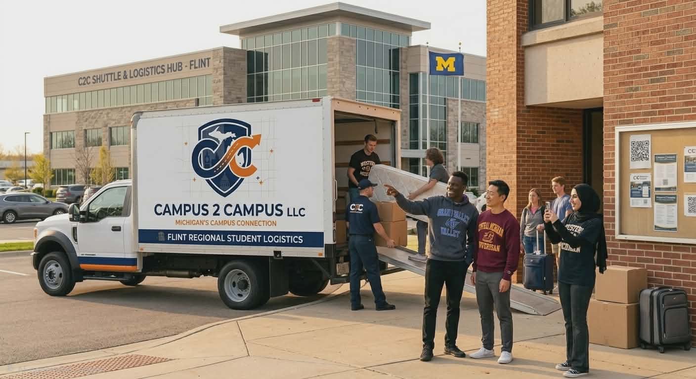 Campus 2 Campus box truck at the Flint logistics hub with students loading boxes and luggage for move-in day