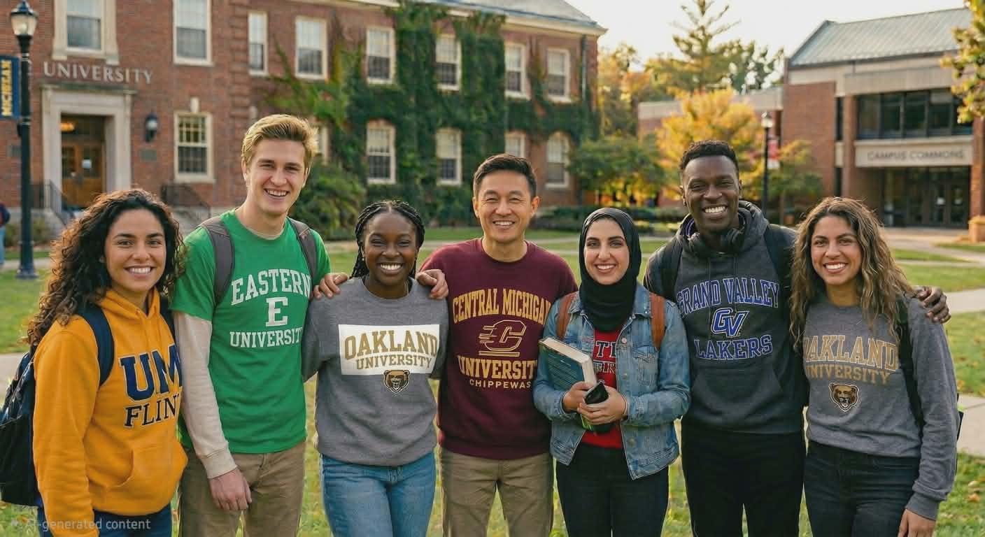 A diverse group of Michigan college students smiling together on a campus quad